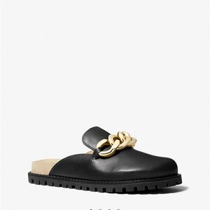 MK Black Leather Clog Shoes with Gold Chain
